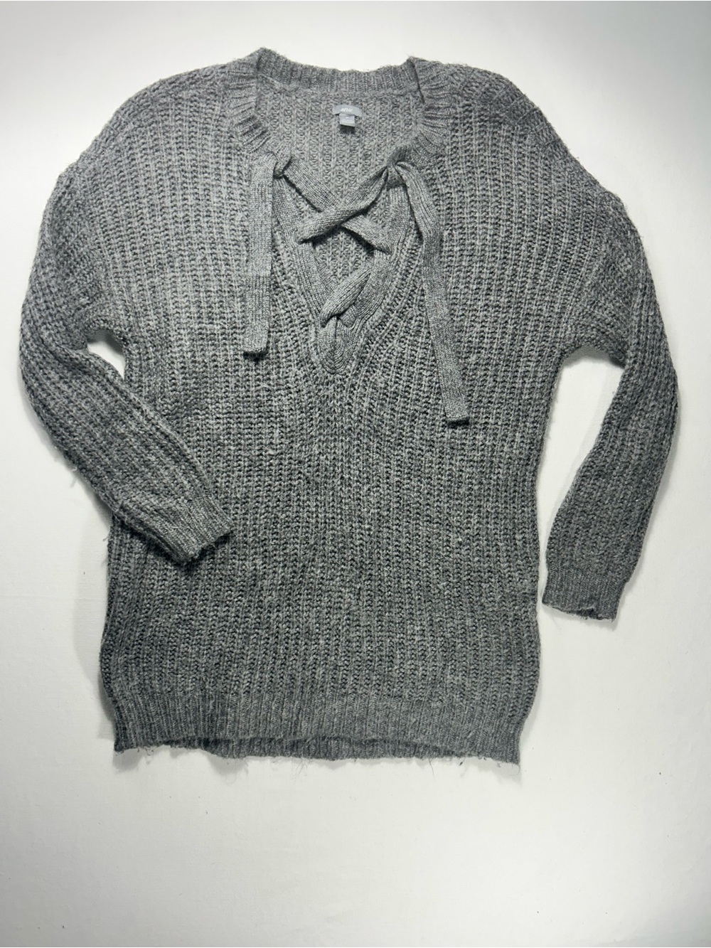 Aerie Gray Lace-Up Knit Sweater - Women Small
